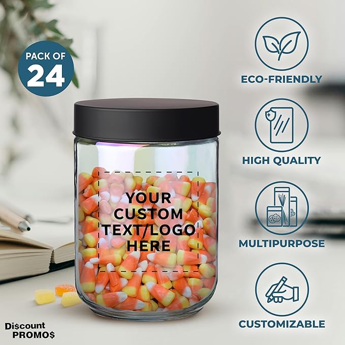 DISCOUNT PROMOS Custom Luminous 32 oz.Storage Jars Set of 24, Personalized Bulk Pack - Durable Kitchen Organization, Home Decor Essentials, Food Storage Solutions - Clear