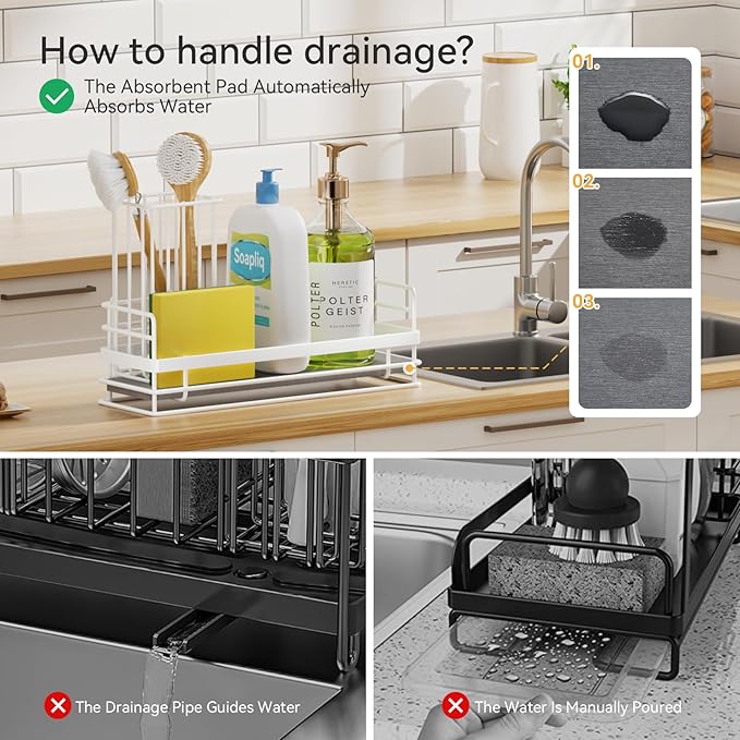 Yofidra Sink Caddy with Stone Drying Tray: Stainless Steel Soap Dispenser Kitchen Sink Organizer Set, Sponge Holder Counter Accessories Decor for Kitchen Organizers and Storage 8.1x3.5x4.5 in White