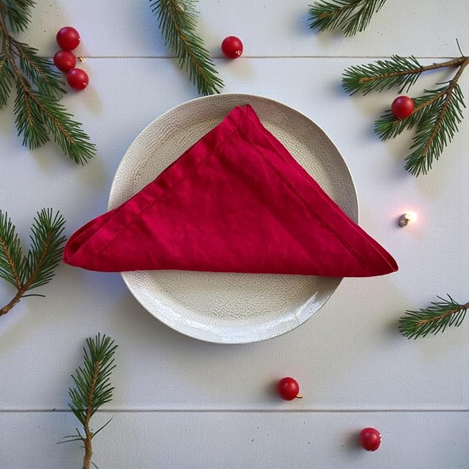 Hemstitched Linen Napkins – 20 Inch x 20 Inch – Stonewashed Pure Linen Cloth Dinner Napkins with Mitered Corners - 100% French Flax – Machine Washable - Set of 4 (Rich Red)