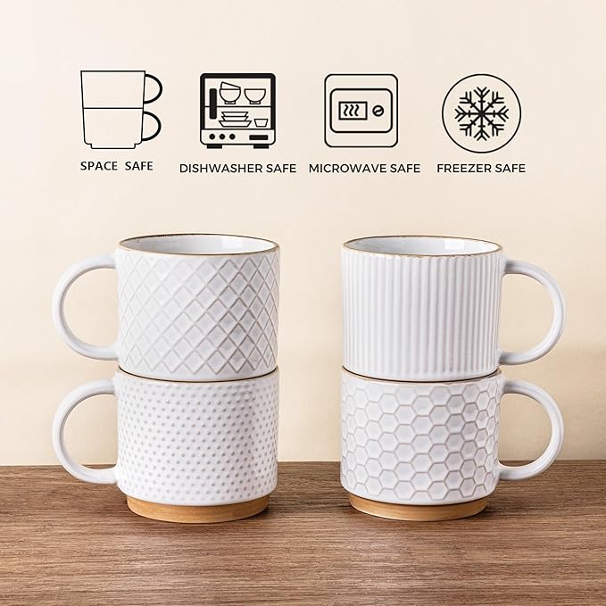 GBHOME 6OZ Stackable Coffee Mugs, Ceramic Coffee Mugs with Texture Patterns for Man,Woman,Dad,Mom, Modern Coffee Cups Set of 4 for Espresso/Cappuccino. Dishwasher&Microwave Safe