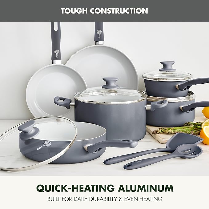 GreenPan Dover Healthy Ceramic Nonstick, 12 Piece Cookware Pots and Pans Set, PFAS-Free, Dishwasher Safe, Comfort Grip Handle, Gray