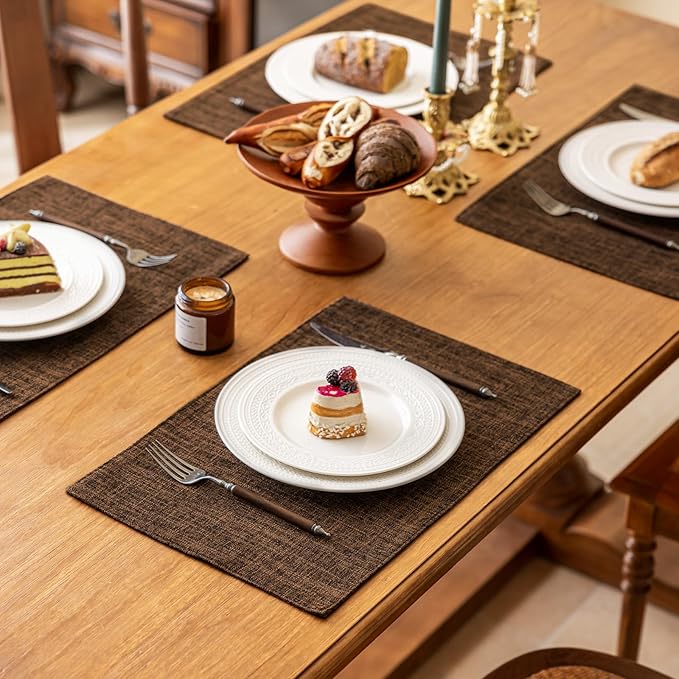KXN Placemats Set of 4, Dual-Layer Thickened Faux Linen Table Mats, Heat Resistant & Wrinkle-Free, Machine Washable Cloth Place Mats for Kitchen Dining Indoor Outdoor (Brown)