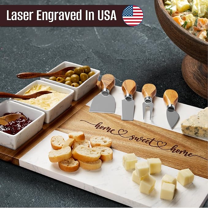 EMM Marble Cutting Board Set, Charcuterie Cheese Boards, 3 Bowls, 3 Spoons, 4 Charcuterie Utensils, Meat, Fruits, Vegetables, Housewarming, Wedding - Home Sweet Home