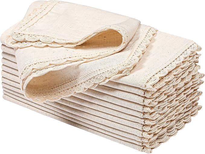 Hausattire Cloth Napkins 12 Pack 20x20 Inches Flax Cotton Washable and Reusable Table Dinner Napkins with Lace for Hotel,Weddings,Thanksgiving Decor| Highly Absorbent Cloth Napkins|Natural