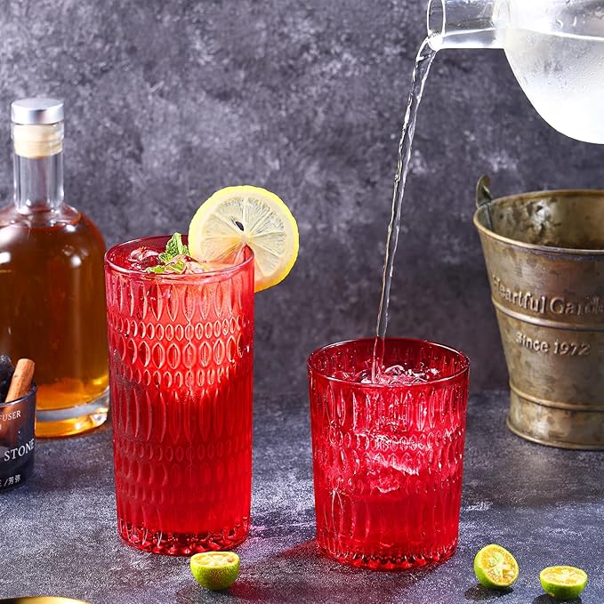 Glassware Drinking Glasses Set of 8, 14 oz Highball Glasses & 10 oz Ribbed Glass Cups, Vintage Glassware for Water, Juice, Cocktail (Christmas Red)