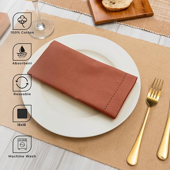Blue Needles Set of 12 Hemstitch Linen Napkins 100% Cotton Rust Cloth Dinner Napkins 18x18 inches, Soft, Reusable, Absorbent, Washable, Ideal for Fall Thanksgiving Events, Parties & Everyday Use