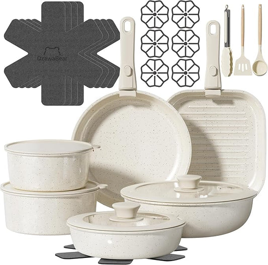 26 Pcs Pots and Pans Set Non Stick, Ceramic Cookware Set Non Toxic with Detachable Handles, Healthy Induction Cookware Oven Safe RV Kitchen Set, PFAS PFOA & PTFE Free, Cream White