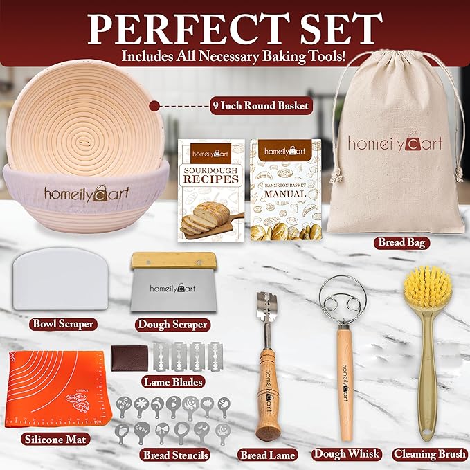 Banneton Bread Proofing Basket Set - 9" Round & 10" Oval Rattan Sourdough Proofing Basket and Sourdough Bread Baking Supplies for Home Bakers