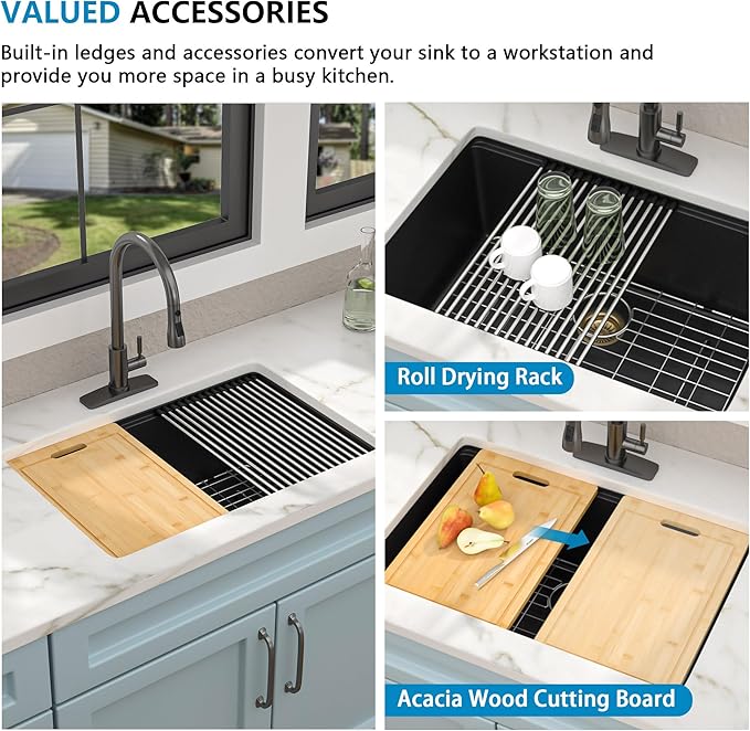 28"x19" Granite Composite Kitchen Sink - Matte Black Undermount Ledge Workstation Quartz Classic Under Counter Single Bowl Basin