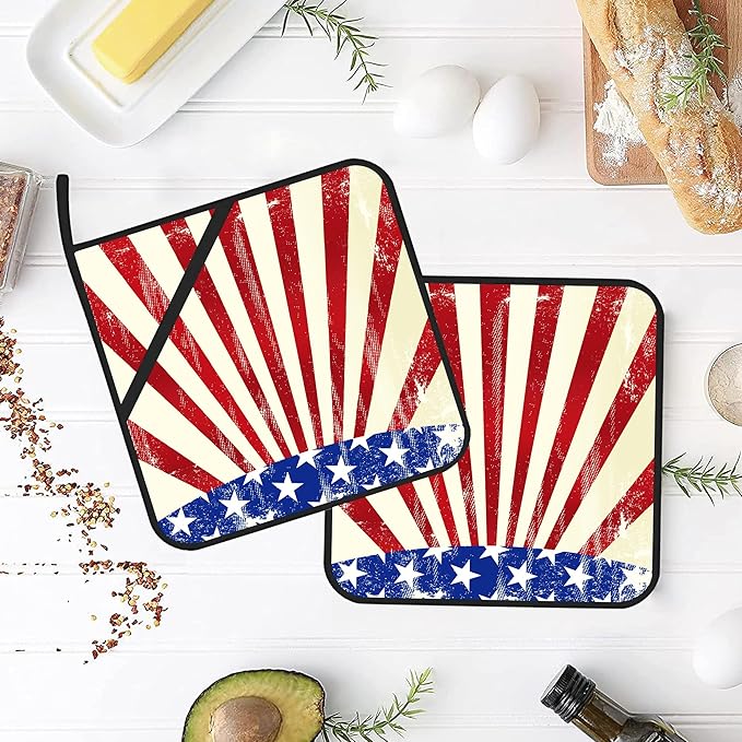 4th of July Grunge American Flag Pot Holders Set of 2 Oven Hot Pads Pot Holders for Cooking Baking BBQ Gifts for Women