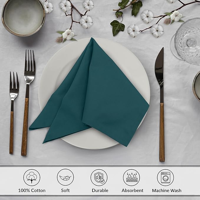 Ruvanti Cloth Napkins Set of 12, 18x18 Inches, 100% Cotton, Washable, Soft & Absorbent, Perfect for Wedding, Christmas, ‎Thanksgiving Dinners - Deep Teal