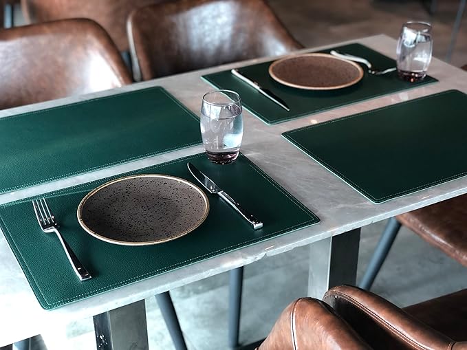 Set of 6 Faux Leather Placemats, PU Table Mats, Waterproof, Stain Resistant, Heat Resistant, Easy to Clean for Kitchen Dining Table,Conference Table C Green Rectangle