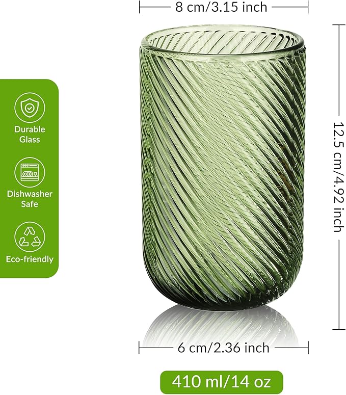 Joeyan Vintage Drinking Glasses,Ribbed Embossed Colored Highball Water Glasses Cups,Colorful Tumbler Glassware for Beverages Cocktail Whisky Beer Juice,14 oz,Set of 4,Dishwasher Safe