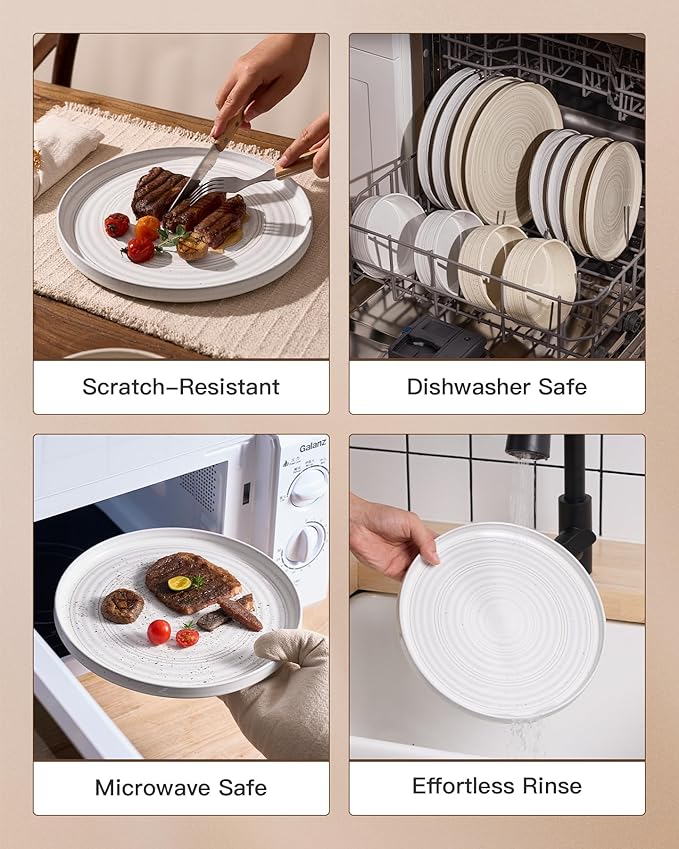 Stoneware Dinnerware Sets, Dish Set for 8, 24 Pieces Spiral Dishware Set with Straight Rim, Speckles & Reactive Glaze - Microwave and Dishwasher Safe Tableware, White