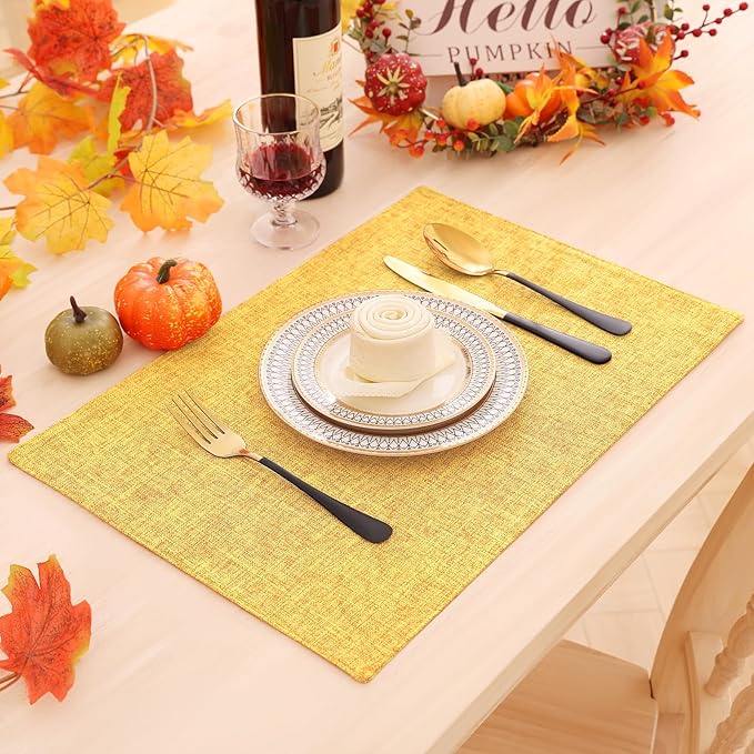 Homaxy Cloths Placemats for Dining Table Set of 4, Heat Resistant Washable Cotton Linen Blend Table Mats, Ideal for Kitchen Party Dining Decoration, 13" x 19", Mustard Yellow
