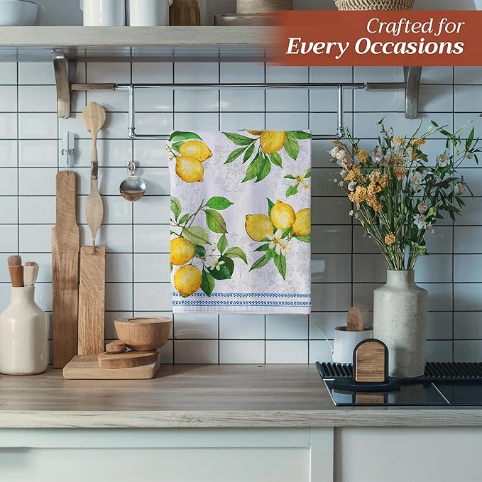 Maison d' Hermine Kitchen Towels Set of 3 100% Cotton 27.50" x 20" Reusable Cloth Tea Dish Towels Absorbent with Hanging Loop for Kitchen, Home, Dining, Cocktail Parties Spring/Summer (Cedrat)