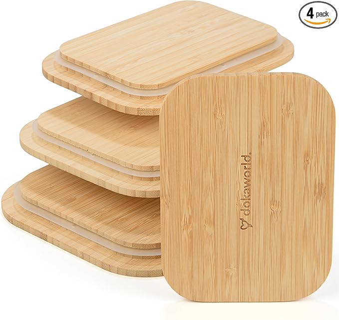 Natural Bamboo Lids Set for Food Storage Glass Containers (4pcs) - Lids are compatible with all Glass Food Storage Containers Sets