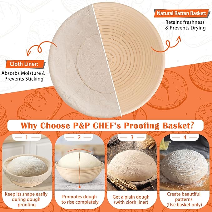 P&P CHEF Complete Sourdough Starter Kit, Sourdough Bread Baking Supplies Set, 9'' Round Bread Proofing Basket with Other Dough Making Tools, Ideal for Bread Making Baking Fermentation