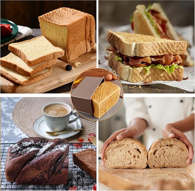 2-pack 2.2lb Gold Pullman Loaf Pan with Lid, Premium Non-Stick Coating Bread Pan, PFTE and PFOA-Free, Safe and Healthy Baking for Homemade Bread with Family-sized Recipes