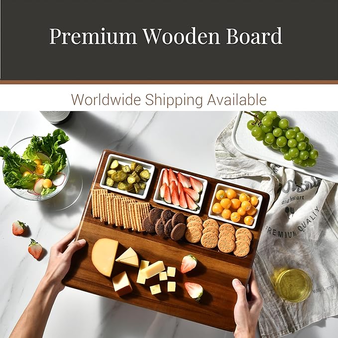 Shanik Large Acacia Wood Charcuterie Board Set with 3 Removable Ceramic Bowls & Serving Utensils - Housewarming, Wedding, Bridal Shower, Home and Kitchen, New Home Gift Ideas for Women, Gifts for Her
