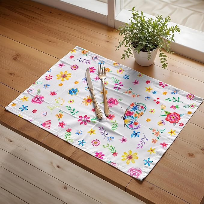 Maison d' Hermine Placemats Set of 4 100% Cotton Washable Cloth Place Mats, Reusable Table Mats for Kitchen Dining Decoration, Party, Restaurant Spring/Summer (Happy Florals - Sweety, 13" x 19")