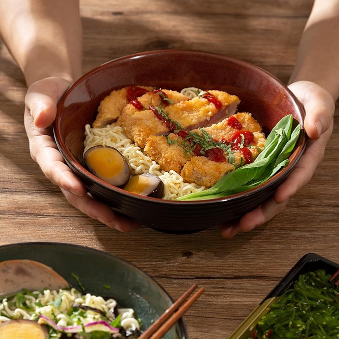 8 Inch Ceramic Ramen Bowl Set of 2, 40oz Japanese Bowls with Spoons & Chopsticks,Durable,Microwave & Dishwasher Safe,Perfect for Ramen,Pho,Salad,Soup,Noodles，Mixing bowls（Dark Teal）