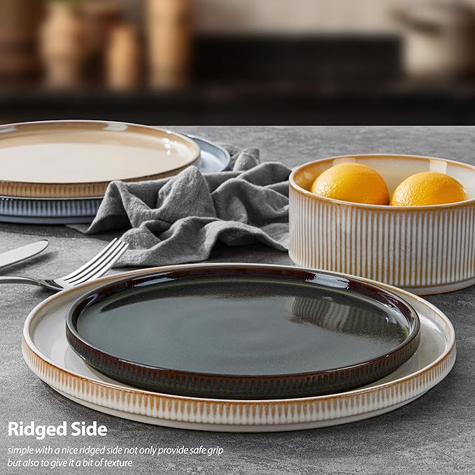 LIANYU Dinnerware Stoneware Sets with Pasta Bowls, 16 Piece Plates and Bowls Set for 4, Ribbed Dishes Set for Home, Microwave and Dishwasher Safe, Four-color