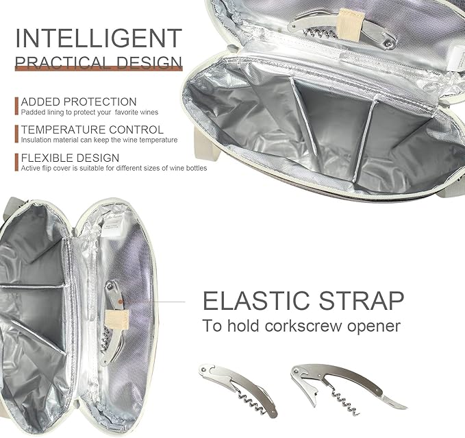 ZORMY 3 Bottle Insulated Wine Tote Cooler Bag, Portable Wine Carrier with Corkscrew Opener and Shoulder Strap for Beach Travel Picnic, Unique Wine Carrier for Wine Lover Gifts