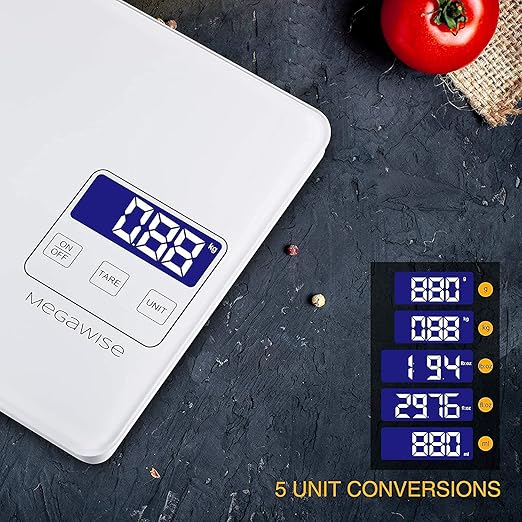 MegaWise Precision Food Scale, 33lb Waterproof Rechargeable Digital Kitchen Scale, 1g/0.04oz Precise Graduation, Weight Grams and Ounces for Cooking Baking, 5 Units Conversion, Tare Function
