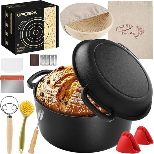5QT Cast Iron Dutch Oven for Bread Baking, Proofing Basket Sourdough Starter Kit, 2 in 1 Bread Making Pan Pot with Lid, Sour Dough Tools Set Includes Lame Supplies, Gifts for Baker