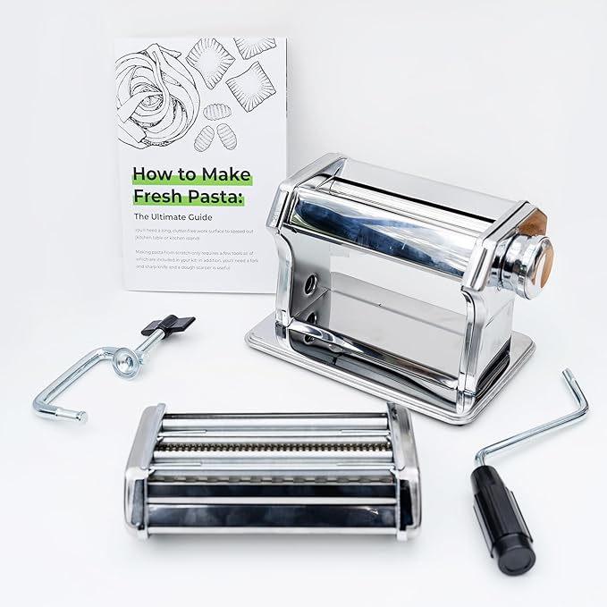 Cotswold Homeware Stainless Steel Pasta Making Machine with Adjustable Thickness Settings | Wooden Pasta Drying Rack | Pasta Cutter Scraper and Pasta Serving Tongs