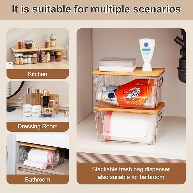 Citylife 2 PCS Small Stackable Storage with Bamboo Top Acrylic Trash Bag Dispenser Open Laundry Room Organizer with Handle