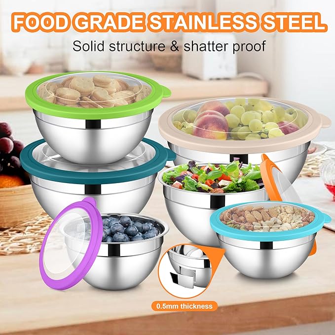LIANYU Metal Mixing Bowls with Visible Lid Sets of 6, Large Size 7, 3.5, 2.5, 2, 1.5, 1QT, Stainless Steel Nesting Serving Bowl for Kitchen, Baking, Storage, Food Prepping, Cooking, Multi-Color