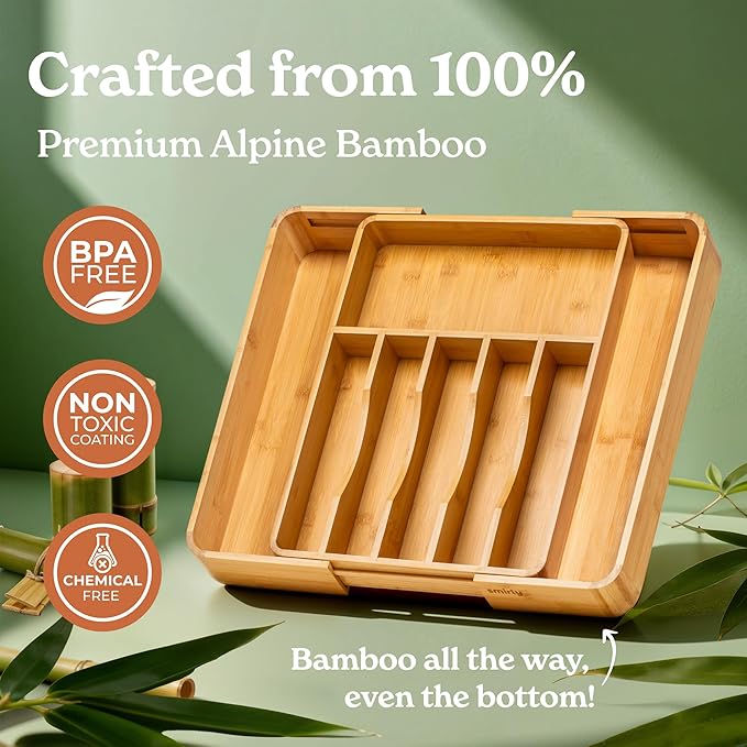 SMIRLY Silverware Drawer Organizer – Bamboo Kitchen Drawer Organizer, Adjustable Utensil Holder and Cutlery Tray, Drawer Dividers for Flatware and Kitchen Utensils