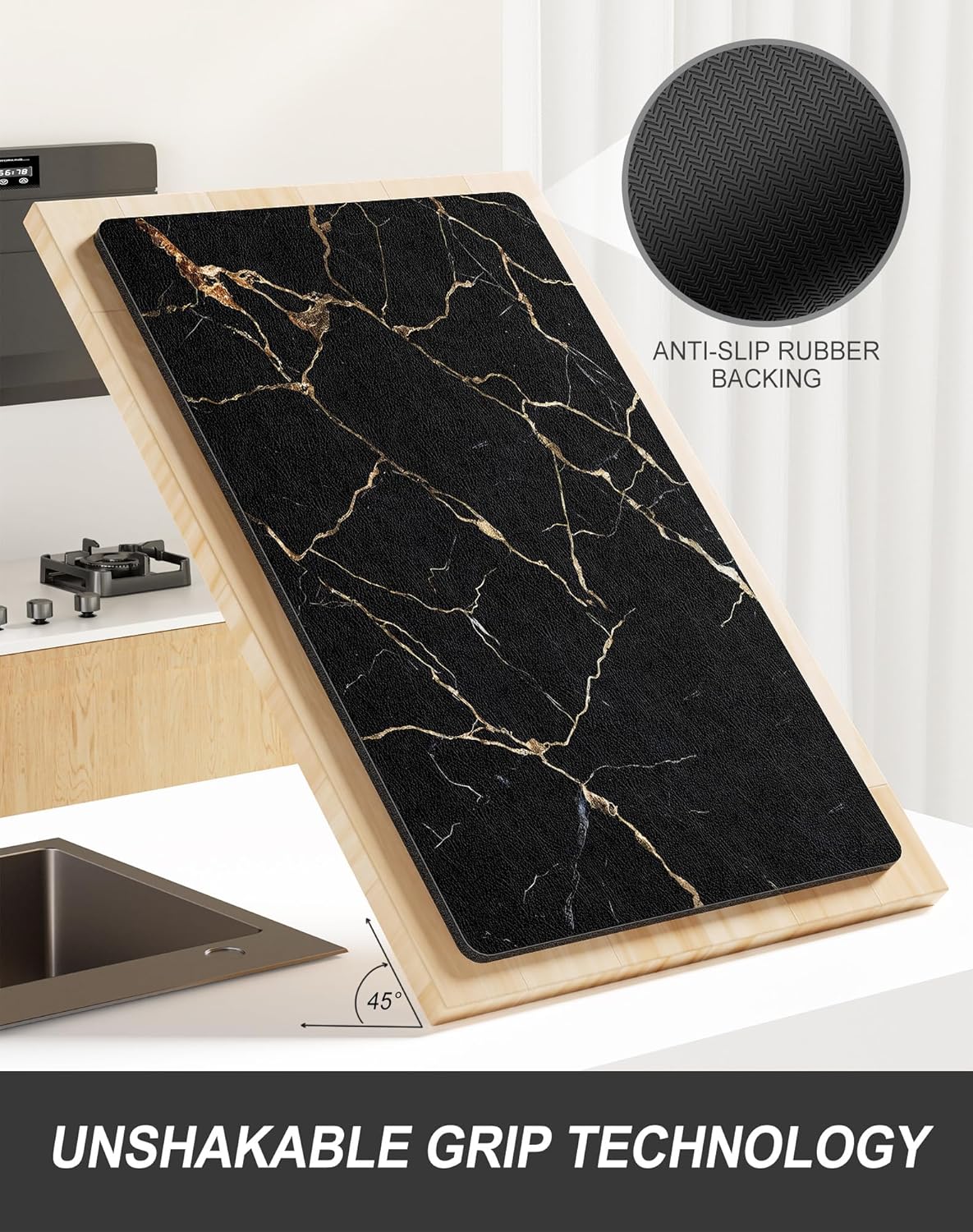 Rnivvi Dish Drying Mat for Kitchen Counter, 12 x 19" Cute Marble Super Absorbent Draining Pad, Non-Slip Heat Resistant Coffee Bar Mats for Coffee Machine Station Accessories, Black Gold Dish Rack Pad