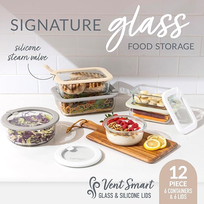Bentgo Signature Leak-Proof Glass Food Storage - 12-Piece Set, 1-Compartment Plastic-Free Containers with Airtight Glass Lids, BPA-Free, Microwave, Freezer, Oven & Dishwasher Safe (White Stone)