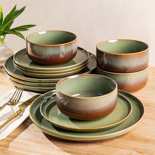 TheTerra Ceramic Dinnerware Sets for 4, 12 Pieces Handmade Reactive Glaze Plates and Bowls Set, Scratch Resistant Dish Set, Oven & Microwave & Dishwasher Safe, Brown Green