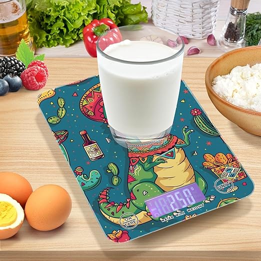 Blue Dinosaur Cactus Food Scale Kitchen Digital Scale Food Ounces and Grams Dieting Baking Cooking Waterproof Glass Panels LCD Display,4 Units Tare Function
