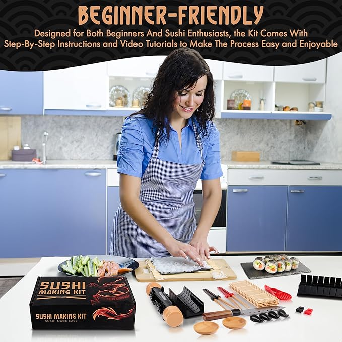 Sushi Making Kit, Sushi Bazooka Maker Kit & Bamboo Rolling Mat, Easy Roller Kit, DIY Set for Beginners at Home, USDA Organic