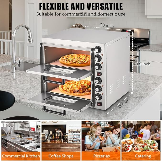 3600W Countertop Electric Pizza Oven,Stainless Steel Pizza Oven Maker with Timer & Removable Tray for Home, Kitchen & Restaurant, Silver