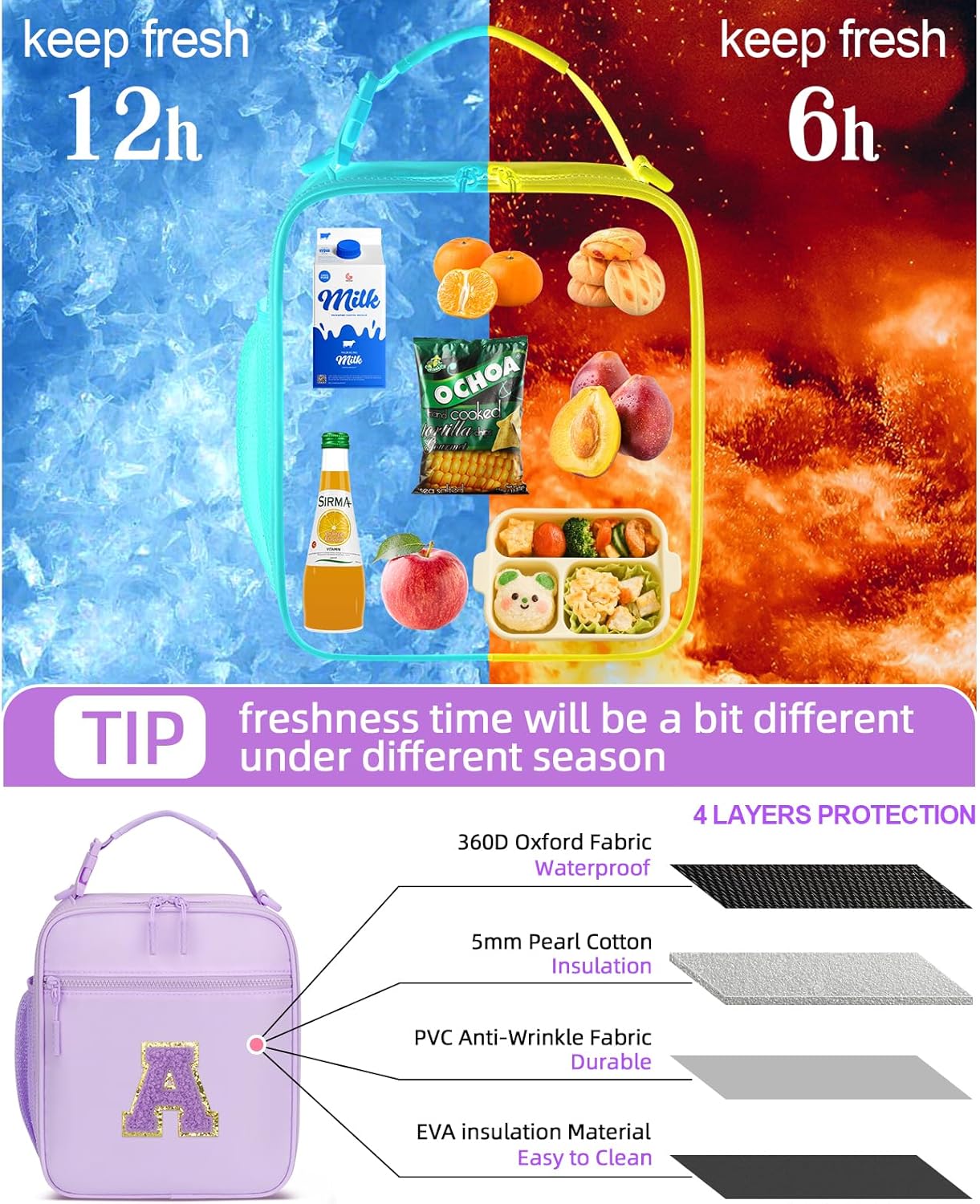 Initial Insulated Lunch Bag for Girls Kids, Back to School Gift, Reusable Leak-proof Lunch Box with Adjustable Strap for School Daycare Travel Picnic (Purple,A)