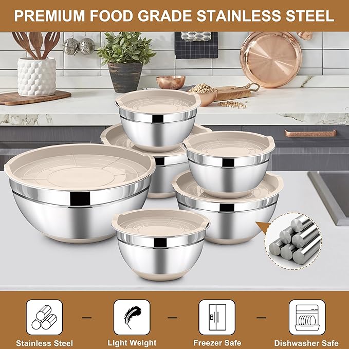 LIANYU 6 Piece Mixing Bowls Set with Airtight Lids, Size 7, 3.5, 2.5, 2, 1.5, 1QT, Stainless Steel Nesting Metal Bowls for Kitchen Baking Cooking Serving Food Storage, Non-slip Bottom, Khaki
