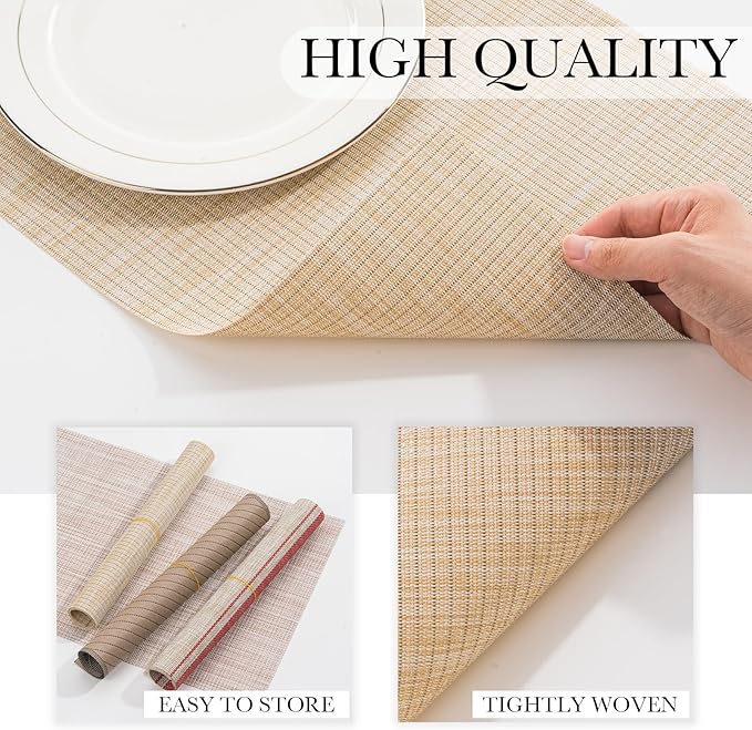 BACKTOEDEN Placemats Set of 8 Heat Resistant Washable Wipeable Placemat Woven Non-Slip Foldable Vinyl/Plastic Place Mats Indoor/Outdoor Mat Kitchen Dining Table Pad, Beige Silver Line