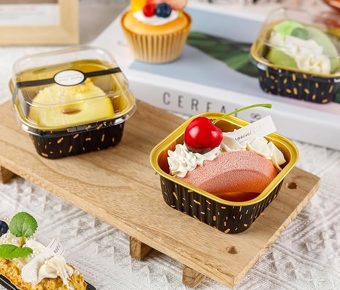 60 Pack Mini Cake Pans with Lids Square Mini Aluminum Pans Pie Tins Flan Containers for Wedding Birthday Party Gift (5OZ, Black Gold Spot)