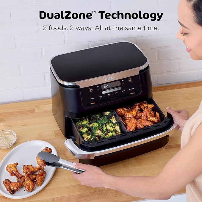 Ninja Foodi 6-in-1 FlexBasket Air Fryer with 7-QT MegaZone & Basket Divider for Large Proteins & Full Meals, Smart Finish Cook 2 Foods 2 Ways, Family Sized Capacity, Air Fry, Roast & More, Black DZ071