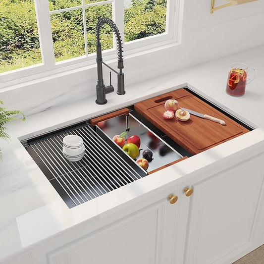 33 inch Gunmetal Black Undermount Kitchen Sink, Hausinluck Stainless Steel Undermount Workstation Sink 16 Gauge, Handmade Single Bowl Kitchen Sink with Ledge and Accessories (Pack of 5)