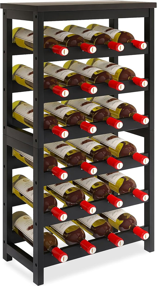 24 Bottle Wine Rack Freestanding Floor, 6 Tier Wine Display Storage Shelves with Tabletop, Bamboo Wine Bottle Holder Stand with Wave Bars for Kitchen Dining Room Pantry, Black