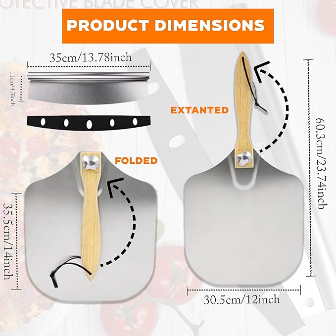 Aluminum Metal Pizza Peel (12" X 14"), Pizza Spatula with 14’’ Rocker Cutter, Pizza Paddle with Foldable Wooden Handle for Easy Storage, Pizza Spatula Paddle for Indoor & Outdoor Ovens