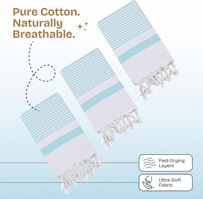 Aqua Blue Turkish Kitchen Towels 16x26 Inch, 12 Pack, 100% Cotton, Super Absorbent, Fast Dry, Machine Washable, Dish Towel with Tassels for Drying Dishes, Cleaning, Everyday Use