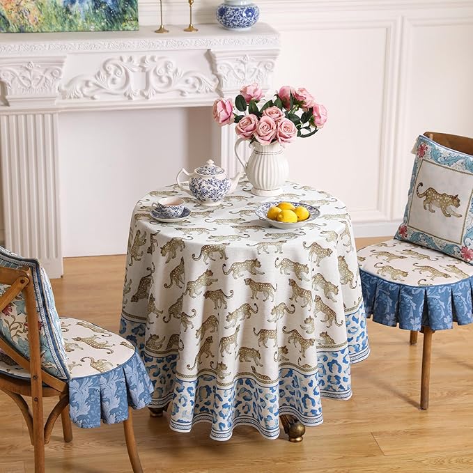 patdrea Leopard Animal Linen Table Cloth Soft Breathable Tabletop Cover Dacorative Kitchen Dining Tablecloth for Round Tables for Kitchen Dining Parties,Holiday Christmas,Diameter 67"